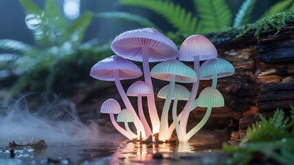 Enchanting glowing mushrooms in mystical forest