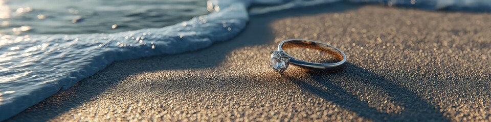 Sparkling Engagement Ring on Sandy Shoreline with Gentle Waves in Background at Sunrise for Romantic Beach Proposal