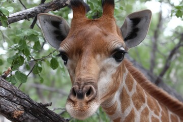 Close-Up Portrait of a Giraffe Amidst Greenery in a Natural Habitat Setting, Exhibiting Unique Features and Expressions of Wildlife