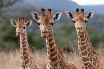 Three Giraffes Standing Together in Natural Habitat with Green Background Under Soft Cloudy Sky