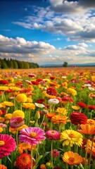A serene view into a field with vibrant flowers in various colors including yellows