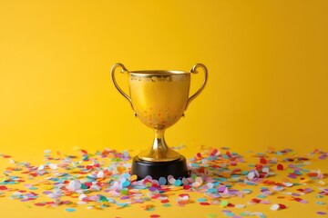 Golden trophy on vibrant yellow background surrounded by colorful confetti celebrating success and achievement with festive vibes