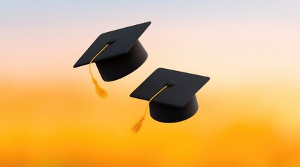 Black Graduation Caps with Yellow Tassels against a Warm Gradient Sunset Background for Academic Celebrations and Achievements