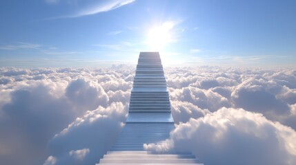 Ethereal Staircase Leading to Bright Light Above Soft Clouds Under Clear Blue Sky