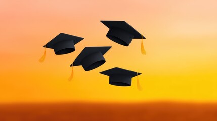 Graduation caps flying against a warm sunset sky, representing achievement and celebration of educational milestones