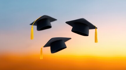 Three Black Graduation Caps with Yellow Tassels Against a Soft Gradient Sunset Background