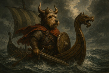 Fototapeta premium Viking Dog with Helmet on Longship in Stormy Sea