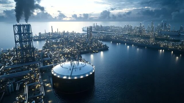 Aerial perspective of a large-scale industrial complex with a towering LNG storage tank in the foreground, connected to miles of silver pipelines, cooling towers, and cargo loading