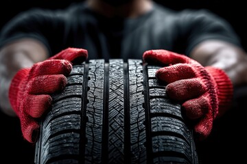 Strong Hands Holding a Tire with Red Gloves Against a Dark Background