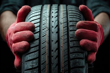 Close-up of a Person Wearing Red Gloves Holding a New Car Tire in a Dark Setting to Highlight Automotive Care and Maintenance