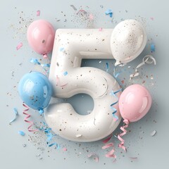 Festive Celebration Theme with Number Five Balloon Surrounded by Colorful Balloons and Confetti Elements for Birthday