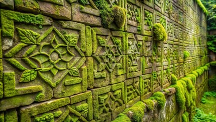 Fototapeta premium Lush green moss covers an old weathered stone wall
