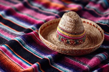 Colorful Mexican sombrero on vibrant striped blanket showcasing traditional craftsmanship and cultural heritage of Mexico