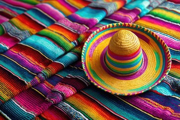 Colorful sombrero on vibrant woven fabric with bright stripes and patterns, showcasing traditional Mexican textile art and culture
