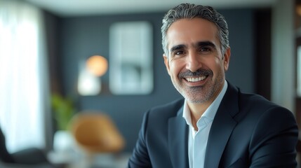 A charismatic businessman in formal wear, smiling brightly, with an elegant office interior in soft focus behind him.