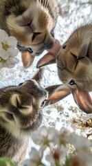 Cute rabbits among blooming flowers captured from a unique angle, showcasing nature's beauty and adorable wildlife moments