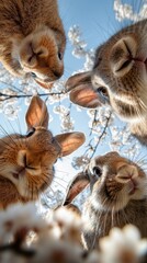 Adorable rabbits enjoying springtime under cherry blossoms with bright blue sky above, capturing playful expressions and joy