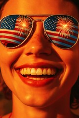 Smiling Woman Wearing Sunglasses Reflecting American Flag and Fireworks - 4th of July Celebration, Summer Patriotic Concept © Suraaj