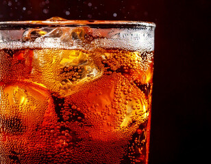 Cola with fizzing bubbles and ice, macro refreshing drink 