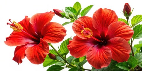 Fototapeta premium Vibrant red hibiscus flowers and buds isolated on white background