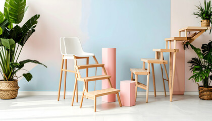 Pastel Room Interior with Wooden Children's Furniture and Houseplants