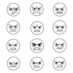 Angry Face Emoji Vector Icons – Black Outline Expressions of Rage, Frustration, Madness, Furious Mood for Chat Apps, Stickers, and Social Media Graphics