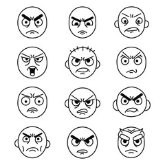 Black Outline Angry Face Emoji Icons Set – Vector Frustrated, Mad, Furious Facial Expressions Pack for Chat, Social Media, Reactions & Messaging Designs