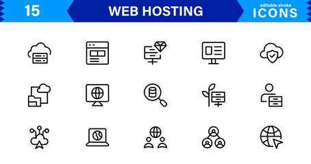 Vector Icon Collection for Web Hosting Including Server Management, Cloud Hosting, Domains, Security, and Web Infrastructure Tools for Digital Assets