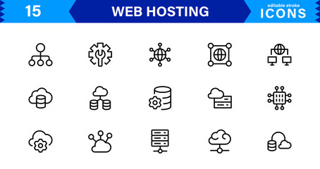 Vector Icon Collection for Web Hosting Including Server Management, Cloud Hosting, Domains, Security, and Web Infrastructure Tools for Digital Assets