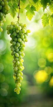 Lush green sweet grapes hanging from a branch in a serene natural garden setting with a soft blur effect in the background