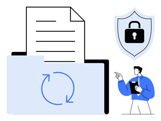 Data folder with circular arrow and document symbolizing backup, shield with lock for security, person pointing at safe document processing. Ideal for data safety, security, backup, encryption
