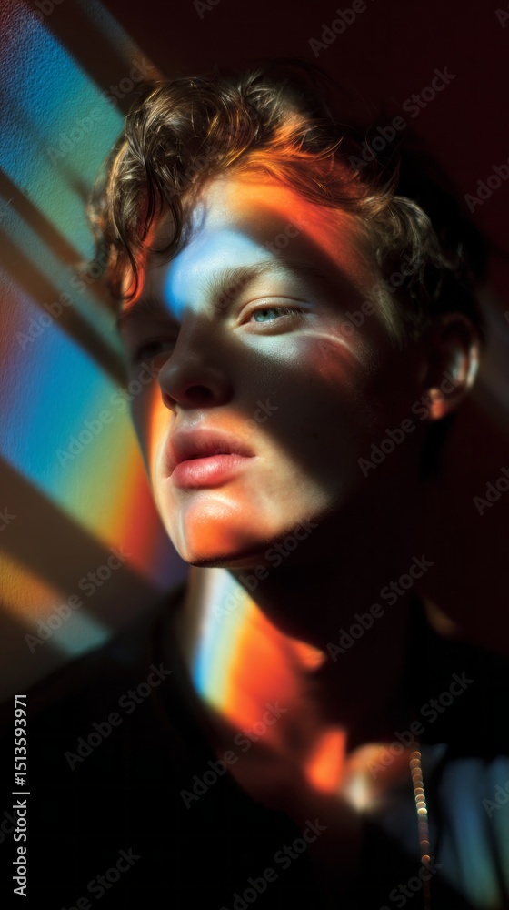 Poster a serious teenager stands in shadows, their face partially illuminated by vibrant light patterns fro