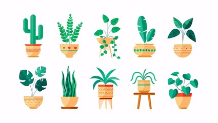 Collection of Illustrated Houseplants. Various Potted Indoor Plants for Modern Home Decor and Greenery Designs.
