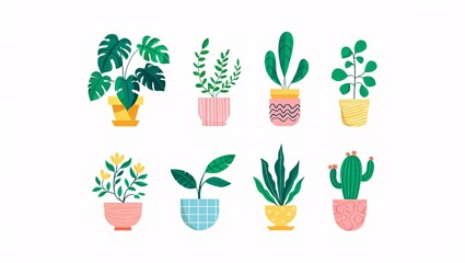 Cute Illustrated Houseplants Collection. Set of Potted Indoor Plants for Home Decor and Greenery Designs.