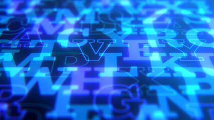 サイバー風のアルファベットが立体的に並んだ背景 - ブルー