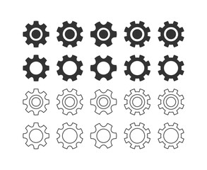 Collection of Black and Outline Gear Icons, Cogwheel Settings Symbols, Mechanical Engineering Elements, Industrial Tools, Vector Illustration for Technology, System Preferences, App Interface Design