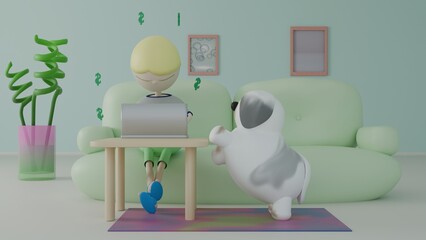 Freelancer works from home and Poland sheepdog