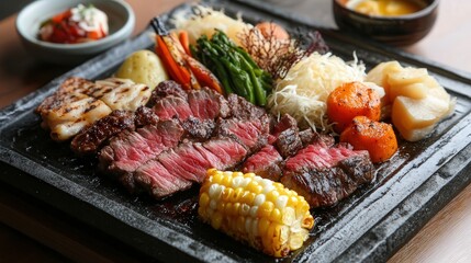 A dish of freshly sliced grilled meat, paired with a variety of side dishes including baked potatoes, roasted vegetables, and corn.