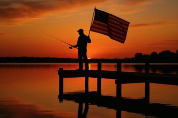Patriotic Fisherman at Sunset - American Flag Silhouette on Lake Pier, Peaceful Rural USA Landscape Reflection