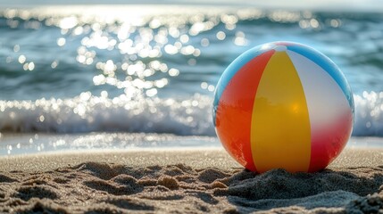 Obraz premium A close-up of a brightly colored inflatable beach ball, partially deflated, resting on the sand with the sparkling sea in the distance.