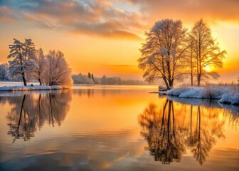 Obraz premium A serene lake at sunrise in winter with snow-covered trees in silhouette against a warm orange sky