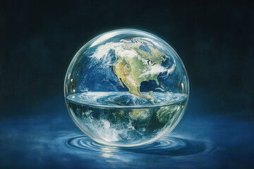 Earth encapsulated within a water droplet symbolizing planetary fragility and interconnectedness on a dark blue gradient