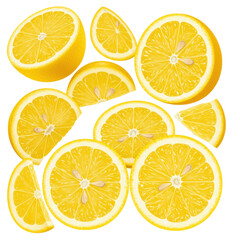 Obraz premium Citrusy lemons slices and halves. A vibrant burst of refreshing yellow on a clean white background