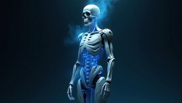 Mitad esqueleto humano y mitad armadura de exoesqueleto que simboliza la uni&oacute;n de la biolog&iacute;a fr&aacute;gil y la protecci&oacute;n mec&aacute;nica futurista
