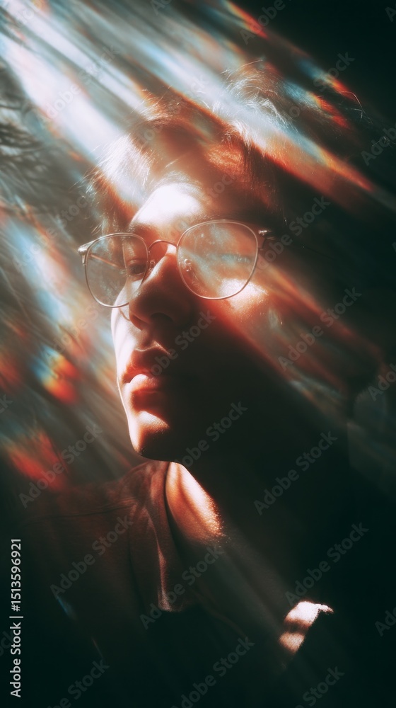 Poster A young individual stands in a contemplative pose as colorful sunrays break through, creating a luminous backdrop. The peaceful moment captures a sense of tranquility and introspection