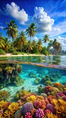 Colorful coral reef hidden among lush tropical grass on a sun-kissed beach