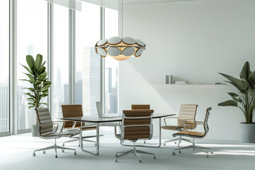 Elegant office space with a glass-top desk and city skyline view for a luxurious and inviting work environment