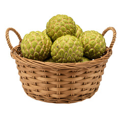 Obraz premium Basket of custard apples shows green, bumpy skin with textures in a woven basket