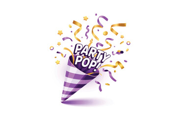 3D Party Popper Illustration with Gold and Purple Confetti Explosion – Vector Rendering