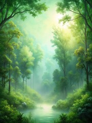 Fototapeta premium Misty forest landscape with a green background featuring a subtle gradient and crystal clear smooth depth